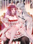  1girl bare_shoulders breasts chi_meng_(hua_jianghu_zhi_bei_mo_ting) dress_shirt highres hua_jianghu_chiyou_zhuye hua_jianghu_zhi_bei_mo_ting large_breasts long_hair on_lap pink_hair shirt thighhighs undone_necktie white_hair 