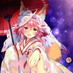  1girl animal_ears bangs bell bridal_veil commentary_request eyebrows_visible_through_hair fangs fate/grand_order fate_(series) fingernails fox_ears fox_girl fox_mask fox_tail hair_between_eyes holding holding_hands holding_umbrella japanese_clothes jewelry jingle_bell kimono looking_at_viewer mask oil-paper_umbrella open_mouth pink_hair pov pov_hands ring sasorigatame sidelocks smile solo_focus tail tamamo_(fate) tamamo_no_mae_(fate/extra) tamamo_no_mae_(fox&#039;s_night_dream)_(fate) uchikake umbrella upper_body veil wedding_ring yellow_eyes 