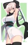  1girl absurdres ahoge arm_guards armpits arms_behind_head arms_up bangs black_bow black_legwear blonde_hair bow breasts detached_sleeves fate/grand_order fate_(series) grey_eyes hair_bow half_updo highres japanese_clothes katana kimono koha-ace large_breasts looking_at_viewer obi okita_souji_(fate) okita_souji_(koha-ace) open_mouth sash short_hair short_kimono shunichi sleeveless sleeveless_kimono solo sword thighhighs thighs weapon white_kimono 
