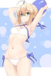  1girl :o ahoge artoria_pendragon_(fate) artoria_pendragon_(swimsuit_archer)_(fate) ball bangs beachball bikini blonde_hair blue_bow blue_ribbon bow breasts cleavage cowboy_shot criss-cross_halter eyebrows_visible_through_hair fate/grand_order fate_(series) green_eyes hair_between_eyes hair_ribbon halterneck highres holding holding_ball looking_at_viewer navel outline parted_lips ribbon shiny shiny_hair short_hair shunichi small_breasts standing stomach swimsuit thighs white_bikini white_outline 