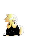  absurd_res alphys anthro barefoot buckteeth clothed clothing dress eyewear feet female front_view fully_clothed glasses hi_res japanese_text lizard open_mouth open_smile polka_dots reptile saado_shiyo scales scalie signature simple_background smile solo standing teeth text thick_tail undertale undertale_(series) video_games yellow_body yellow_scales 
