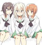  3girls bangs black_neckerchief blouse blush brown_eyes brown_hair closed_mouth commentary eyebrows_visible_through_hair girl_sandwich girls_und_panzer green_skirt hands_on_lap hatsukaze33 itsumi_erika leaning_to_the_side long_sleeves looking_at_another medium_hair miniskirt multiple_girls neckerchief nishizumi_miho nishizumi_shiho ooarai_school_uniform open_mouth pleated_skirt sailor_collar sandwiched school_uniform serafuku short_hair siblings silver_hair sisters sitting sketch skirt smile socks sweat trembling v_arms white_background white_blouse white_legwear white_sailor_collar yuri 