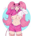  1girl ^p^ bell belly big_hair breasts choker closed_eyes cow_girl cow_horns cow_tail cowbell cropped_hoodie curvy double_v edie_crop_hoodie facing_viewer fila hood hoodie horns large_breasts leg_warmers meme_attire navel neck_bell nipples no_bra o-ring o-ring_choker original pink_hair pink_shorts pointy_ears shorts sleeves_past_wrists slimii solo standing tail twintails v 
