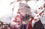  1boy 1girl branch bug butterfly chi_meng_(hua_jianghu_zhi_bei_mo_ting) couple highres hua_jianghu_chiyou_zhuye hua_jianghu_zhi_bei_mo_ting long_hair pink_hair sleeping sleeping_on_person smile snow tied_hair white_hair 