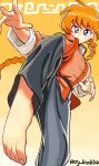  1girl artist_name barefoot blue_eyes braid braided_ponytail breasts chinese_clothes closed_mouth feet genderswap genderswap_(mtf) long_hair looking_at_viewer ranma-chan ranma_1/2 red_hair rog_rockbe simple_background single_braid solo tangzhuang 