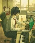  1girl black_hair cellphone chair commentary computer cup disposable_cup drinking_straw guitar headphones highres indoors instrument kensight328 keyboard_(instrument) laptop necktie office_chair original phone school_uniform short_hair sitting smartphone solo 