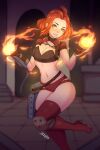  1girl 5-ish armor boots breasts chandra_nalaar commentary copyright_request english_commentary fingerless_gloves fire gloves highres idolmaster indoors looking_at_viewer magic:_the_gathering navel pauldrons red_eyes red_hair shoulder_armor smile solo standing standing_on_one_leg teeth 