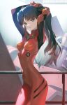  1girl bangs black_hair blue_eyes bodysuit breasts cosplay crossover eva_02 eyebrows_visible_through_hair fate_(series) head_tilt highres looking_to_the_side mecha neon_genesis_evangelion open_mouth parted_bangs pilot_suit plugsuit red_bodysuit siino skin_tight small_breasts smile solo souryuu_asuka_langley souryuu_asuka_langley_(cosplay) tohsaka_rin twintails tying_hair 