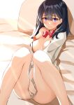  1girl absurdres ass bangs bare_shoulders black_hair black_skirt blue_eyes blush bow bowtie breasts cardigan clothes_pull collarbone covering covering_crotch dress_shirt gridman_universe highres knees_up legs long_hair long_sleeves looking_at_viewer medium_breasts open_cardigan open_clothes open_shirt pleated_skirt red_bow red_legwear school_uniform shirt shunichi sitting skirt socks solo ssss.gridman sweater sweater_pull takarada_rikka thighs white_sweater 