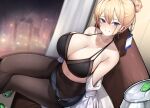  1girl bare_shoulders black_bra black_skirt blonde_hair blue_eyes bra breasts brown_legwear cleavage collarbone covered_navel crossed_legs ddangbi grin hair_bun highres id_card indoors large_breasts long_hair looking_at_viewer miniskirt multi-strapped_bra night off_shoulder office_lady open_clothes open_skirt original pantyhose pencil_skirt shirt sitting skirt smile solo spaghetti_strap sweat underwear white_shirt 