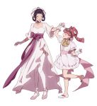  2girls ace_attorney bow dress formal full_body gloves goggles goggles_on_head hair_rings highres holding_hands iris_wilson multiple_girls pink_hair simple_background smile sophie_(693432) susato_mikotoba the_great_ace_attorney thighhighs white_background white_bow white_dress white_gloves yellow_bow 