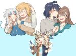  5girls afterimage animal_ears blonde_hair blue_background blue_cardigan blue_hair blue_hoodie blush brown_hair brown_shirt cardigan cheek_squash closed_eyes closed_mouth commentary crying crying_with_eyes_open drawstring english_commentary fox_ears gawr_gura glowstick grey_hair grey_hairband grey_sweater hair_intakes hairband happi highres holding_hands hololive hololive_english hood hoodie hosu_(hoseven_o7) japanese_clothes long_hair long_sleeves motion_blur motion_lines multicolored_hair multiple_girls nanashi_mumei omaru_polka open_mouth ouro_krono pink_hair ponytail purple_hair shirt short_hair smile streaked_hair sweater tears v-shaped_eyebrows watson_amelia white_sleeves yuri 