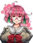  ahoge blouse bow bowtie breasts cherry_blossom_print collarbone corset floral_background floral_print glasses green_blouse green_hair grey_sailor_collar highres juliet_sleeves kantai_collection kazaharu_matsuhata large_breasts lips long_sleeves multicolored_hair pink-framed_eyewear pink_hair ponytail puffy_sleeves red_bow red_eyes sailor_collar sailor_shirt shirt short_hair streaked_hair twitter_username ume_(kancolle) white_background 
