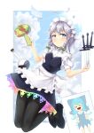  1girl absurdres black_footwear black_legwear blue_dress border bow card cirno cloud cloudy_sky commentary_request dress flask green_bow grey_hair highres izayoi_sakuya knife maid maid_headdress miracle_mallet pantyhose round-bottom_flask silver_hair sky touhou twintails unconnected_marketeers white_border 