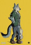  2019 anthro artist_name beastars biped black_nose blue_bottomwear blue_clothing blue_pants bottomwear brown_clothing brown_footwear brown_shoes canid canine canis cheek_tuft closed_mouth clothed clothing elbow_tuft eye_scar facial_scar facial_tuft footwear fully_clothed fully_clothed_anthro fully_clothed_male fur green_clothing green_hoodie green_topwear grey_body grey_fur hand_in_pocket hi_res holding_backpack hoodie legoshi_(beastars) looking_at_viewer lowemond male mammal pants pockets scar shoes simple_background smile solo standing star tan_body tan_fur topwear tuft wolf yellow_background 