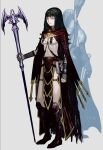  1girl armor arrow_(projectile) belt black_hair book breasts cape circlet closed_mouth commentary dragon&#039;s_dogma full_body gloves loincloth long_hair sakamoto_mineji simple_background solo staff weapon 