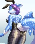  2022 absurd_res anthro blue_body blush breasts carpet_shark cleavage clothed clothing female fish fishnet fishnet_legwear hair hi_res ketzel99 legwear looking_back marine open_mouth purple_hair rigel_(1stsavagery) shark solo stockings whale_shark 