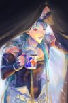  1boy biceps blue_hair collarbone cu_chulainn_(caster)_(fate) cu_chulainn_(fate) cu_chulainn_(fate/stay_night) cup detached_sleeves earrings fang fate/grand_order fate_(series) jewelry logosles long_hair looking_at_viewer male_focus mug muscular muscular_male open_mouth red_eyes skin_tight smile solo tank_top 