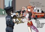  2girls :&lt; ? ahoge ambulance baton_(weapon) belt black_legwear breasts building car cardigan city clipboard confused dongdong_(0206qwerty) dragon_girl dragon_horns dragon_tail english_text full_body gradient_hair ground_vehicle hat highres hololive holster horns kiryu_coco large_breasts misunderstanding motor_vehicle multicolored_hair multiple_girls new_york new_york_city_fire_department new_york_city_police_department oozora_subaru orange_hair paramedic pink_hair police police_car police_hat police_uniform policewoman sakura_miko shoes skyscraper standing stretcher sweat sweatdrop tail talking tears thighhighs uniform upper_body weapon yellow_cardigan yuzuki_choco 