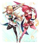  2girls absurdres ankle_boots bangs black_legwear blonde_hair blush boots breasts closed_mouth commentary_request dress earrings elbow_gloves fingernails full_body gloves gold_trim highres holding holding_sword holding_weapon jewelry large_breasts leg_up long_hair looking_at_viewer multiple_girls mythra_(massive_melee)_(xenoblade) mythra_(xenoblade) open_mouth outstretched_arm pantyhose pyra_(xenoblade) red_eyes red_hair shiny shiny_hair short_dress short_hair short_shorts shorts simple_background sleeveless smile super_smash_bros. sword taro_(peach_taro51) thigh_strap thighhighs tiara weapon xenoblade_chronicles_(series) xenoblade_chronicles_2 yellow_eyes 