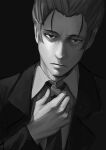 1boy absurdres adjusting_neckwear closed_mouth collared_shirt commentary_request expressionless formal greyscale highres kaiki_deishuu male_focus monochrome monogatari_(series) nemo_ringo shirt short_hair solo spot_color suit suit_jacket upper_body 