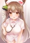  1girl animal_ears blush breasts brown_eyes brown_hair commentary_request eyebrows_visible_through_hair hat heart heart_print horse_ears horse_girl large_breasts leaning_forward long_hair looking_at_viewer nikoo nurse nurse_cap open_mouth satono_diamond_(umamusume) solo stethoscope thigh_gap umamusume 