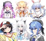  6+girls ahoge animal_ear_fluff animal_ears arm_up bangs bare_shoulders baseball_cap bed_sheet beret black_hair black_headwear blonde_hair blush bow braid breasts brown_eyes carrot_hair_ornament cleavage cleavage_cutout clothing_cutout collarbone cropped_torso deadnooodles don-chan_(usada_pekora) double_bun eyebrows_visible_through_hair fake_horns food-themed_hair_ornament green_eyes grey_headwear grey_jacket hair_between_eyes hair_bow hair_ornament hat highres hololive horned_headwear horns hoshimachi_suisei jacket long_hair lying medium_breasts momosuzu_nene multicolored_hair multiple_girls off_shoulder on_back oozora_subaru open_clothes open_jacket pink_hair plaid plaid_headwear plaid_jacket purple_hair rabbit_ears shirakami_fubuki shirt sideways_hat simple_background sleeveless sleeveless_shirt small_breasts streaked_hair striped striped_shirt tokoyami_towa twin_braids two_side_up upper_body usada_pekora vertical-striped_shirt vertical_stripes virtual_youtuber whistle whistle_around_neck white_background white_bow white_hair white_jacket white_shirt yellow_shirt 