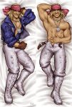  1boy bandana boots dakimakura_(medium) dickson_(xenoblade) english_commentary grin highres jewelry male_focus multiple_views muscular muscular_male pants pendant smile timdoodles white_footwear white_pants xenoblade_chronicles xenoblade_chronicles_(series) 