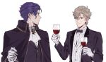  2boys ace_attorney alcohol ascot barok_van_zieks blonde_hair bow bowtie cape cup drink drinking_glass formal gloves grey_hair herlock_sholmes holding holding_drink looking_at_another multiple_boys scar scar_on_face simple_background smile sophie_(693432) suit the_great_ace_attorney white_background white_gloves wine wine_glass 