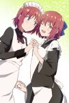  2girls ;d absurdres apron azami_masurao black_dress black_kimono blue_bow blue_eyes blush bow closed_mouth commentary_request dress eyebrows_visible_through_hair hair_bow half_updo highres hisui_(tsukihime) holding_hands japanese_clothes juliet_sleeves kimono kohaku_(tsukihime) long_sleeves looking_at_another looking_at_viewer maid maid_apron maid_headdress multiple_girls neck_ribbon one_eye_closed open_mouth puffy_sleeves red_hair red_ribbon ribbon short_hair siblings sisters smile standing tsukihime twins wa_maid white_apron wide_sleeves yellow_eyes 