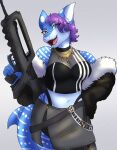  2022 absurd_res anthro assault_rifle black_clothing black_topwear blue_body carpet_shark clothing famas female fish gun hi_res jewelry ketzel99 marine open_mouth ranged_weapon rifle rigel_(1stsavagery) shark solo topwear weapon whale_shark 