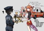  2girls :&lt; ? ahoge ambulance baton_(weapon) belt black_legwear breasts cardigan clipboard confused dongdong_(0206qwerty) dragon_girl dragon_horns dragon_tail english_text full_body gradient_hair hat highres hololive holster horns kiryu_coco large_breasts misunderstanding multicolored_hair multiple_girls new_york new_york_city_fire_department new_york_city_police_department oozora_subaru orange_hair paramedic pink_hair police police_hat police_uniform policewoman sakura_miko shoes standing stretcher sweat sweatdrop tail talking tears thighhighs uniform upper_body weapon yellow_cardigan yuzuki_choco 