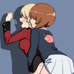  2girls against_wall anglerfish bangs black_skirt blonde_hair blue_background blue_jacket braid breath brown_hair clothes_lift commentary darjeeling_(girls_und_panzer) emblem from_behind girls_und_panzer highres implied_fingering jacket leaning_forward lifted_by_another long_sleeves military military_uniform miniskirt multiple_girls nishizumi_miho onsen_tamago_(hs_egg) ooarai_military_uniform open_mouth pleated_skirt red_jacket shadow short_hair simple_background skirt skirt_lift st._gloriana&#039;s_military_uniform standing sweat tied_hair uniform white_skirt yuri 