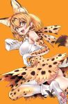  1girl action akegata_tobari animal_ears bare_shoulders blonde_hair blush bow bowtie cat_ears cat_girl cat_tail commentary_request elbow_gloves extra_ears eyebrows_visible_through_hair fangs gloves high-waist_skirt highres kemono_friends looking_at_viewer multicolored_hair open_mouth paw_print_soles print_bow print_bowtie print_gloves print_legwear print_skirt serval_(kemono_friends) serval_print shirt short_hair skirt sleeveless solo tail thighhighs white_footwear white_shirt yellow_eyes zettai_ryouiki 