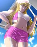  1girl bangs blonde_hair breasts character_request cleavage closed_mouth cloud cloudy_sky commentary_request commission copyright_request eyelashes hand_on_hip long_hair midriff miniskirt navel one_eye_closed open_clothes open_vest parasol pink_skirt pink_vest race_queen skirt sky smile stomach tank_top umbrella vest white_tank_top white_umbrella yadokari_genpachirou 