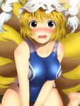  1girl barefoot blonde_hair blush breasts collarbone commentary_request competition_swimsuit embarrassed fox_tail hat highres looking_at_viewer medium_breasts multiple_tails nose_blush one-piece_swimsuit open_mouth pillow_hat seiza sitting swimsuit tail tassel thighs touhou yadokari_genpachirou yakumo_ran yellow_eyes 