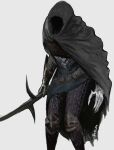  1girl armor banamabolt black_cape black_knife_(elden_ring) black_knife_assassin cape covered_face dagger elden_ring full_armor gauntlets holding holding_dagger holding_weapon hood hood_up hooded_cape knife signature simple_background solo standing weapon white_background 