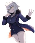  1girl absurdres ahoge black_dress blue_coat breasts coat dress fate/grand_order fate_(series) full-length_zipper fur-trimmed_coat fur-trimmed_jacket fur-trimmed_sleeves fur_trim highres jacket jeanne_d&#039;arc_alter_(fate) jeanne_d&#039;arc_alter_(ver._shinjuku_1999)_(fate) jewelry large_breasts long_sleeves necklace official_alternate_costume open_clothes open_coat sakekasu_(ban_yuuki) short_dress short_hair silver_hair solo yellow_eyes zipper 