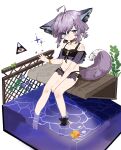  1girl ahoge animal_ear_fluff animal_ears arknights bangs bare_legs bare_shoulders barefoot bikini black_bikini blue_eyes blush closed_mouth commentary_request eyebrows_visible_through_hair food fox_ears fox_girl fox_tail fruit grapes hair_between_eyes headphones_for_animal_ears highres looking_at_viewer navel purple_hair rubber_duck ryu_(17569823) see-through sitting soaking_feet solo sparkle sussurro_(arknights) swimsuit tail water white_background 