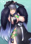  1girl animal_ears armpits arms_behind_head arms_up bangs bare_shoulders black_dress black_hair blue_archive blush bosshi breasts china_dress chinese_clothes cleavage detached_sleeves dress feather_boa green_eyes highres large_breasts long_hair looking_at_viewer open_mouth ponytail shun_(blue_archive) side_slit sideboob sidelocks smile solo tassel tiger_ears 