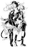  2girls arm_warmers asymmetrical_sleeves bandaged_arm bandages bare_shoulders belt choker commentary contrapposto dual_persona emu_(marico_w) flower_(vocaloid) from_behind full_body fur-trimmed_skirt fur_trim greyscale half-closed_eyes hand_on_hip high_heels highres kilt lace-up_top long_hair monochrome multicolored_hair multiple_girls ponytail shirt short_hair shorts simple_background single_arm_warmer sketch skirt sleeveless sleeveless_jacket sleeveless_shirt streaked_hair thighhighs twitter_username v_flower_(vocaloid4) vest vocaloid white_background 