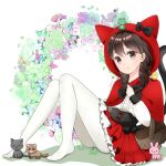  1girl basket bird black_bow black_eyes black_hair bow braid bunny cat cat_(nyanko_daisensou) feet floral_background floral_print flower-circus frog highres minya_(nyanko_daisensou) nyanko_daisensou raccoon sitting thighhighs 