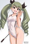  1girl absurdres aegis_(nerocc) anchovy_(girls_und_panzer) black_ribbon breasts brown_eyes girls_und_panzer green_hair hair_ribbon highres long_hair looking_at_viewer ribbon solo swimsuit white_background white_swimsuit 