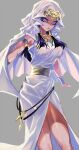  1girl armlet bad_link black_hair dark-skinned_female dark_skin dress egyptian forehead_jewel highres ishizu_ishtar jewelry looking_at_viewer open_clothes open_skirt purple_eyes skirt solo thighs white_background white_dress yu-gi-oh! yu-gi-oh!_duel_monsters 