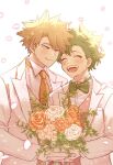  2boys bakugou_katsuki blonde_hair blush boku_no_hero_academia bouquet bow bowtie closed_eyes flower formal freckles green_hair green_necktie holding_hands jewelry looking_at_another male_focus midoriya_izuku multiple_boys necktie open_mouth orange_necktie petals pink_flower pink_rose rapiko red_eyes red_flower red_rose ring rose smile spiked_hair suit wedding wedding_band white_background yaoi 