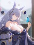  1girl animal_ear_fluff animal_ears azur_lane bangs bare_shoulders blue_butterfly blue_eyes blue_hair blue_kimono breasts bug butterfly cleavage closed_mouth commentary_request eyebrows_visible_through_hair fox_ears from_side hand_up highres japanese_clothes kimono large_breasts long_hair looking_at_viewer looking_to_the_side off_shoulder sansan_(dongfangzhong111) shinano_(azur_lane) solo wide_sleeves 