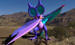  2_toes 3d_(artwork) 5:3 ambiguous_gender black_body claws dabbing desert digital_media_(artwork) featureless_crotch feet feral invalid_tag meme nintendo noivern photo_background pok&eacute;mon pok&eacute;mon_(species) purple_body solo standing tlugia toes video_games 