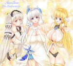  3girls absurdres anniversary azur_lane black_choker black_neckerchief black_neckwear black_panties black_sailor_collar blonde_hair blue_eyes bow breasts center_opening choker clothing_cutout cocktail_dress dress dress_bow dress_flower elbow_gloves envelope evening_gown eyebrows_visible_through_hair feather_dress feather_hair_ornament feathers formidable_(azur_lane) formidable_(timeless_classics)_(azur_lane) from_side garter_straps gloves hair_ornament hair_wings highres holding holding_envelope huge_breasts illustrious_(azur_lane) illustrious_(illustrious_ball)_(azur_lane) laurel_crown letter long_hair looking_at_viewer multiple_girls navel navel_cutout neckerchief official_alternate_costume open_mouth panties platinum_blonde_hair red_eyes sailor_collar sleeveless sleeveless_dress standing strapless strapless_dress twintails two-tone_dress two-tone_ribbon underwear veil very_long_hair victorious_(azur_lane) white_dress white_gloves white_hair yuuutsu!!! 