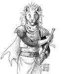  2015 anthro armor belt black_and_white cape chin_tuft clothing facial_tuft felid front_view glistening glistening_eyes lion male mammal mane melee_weapon monochrome neck_tuft pantherine pupils scabbard signature skyelegs slit_pupils solo sword tuft weapon 