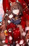  absurdres amagi-chan_(azur_lane) amagi_(azur_lane) animal_ear_fluff animal_ears azur_lane bangs bare_shoulders bell blunt_bangs blush bodystocking breasts bridal_gauntlets brown_bodysuit brown_hair brown_legwear brown_tail cherry_blossoms cleavage closed_mouth collar collarbone commentary english_commentary eyebrows eyebrows_visible_through_hair fox_ears fox_girl fox_tail gloves hair_ornament hair_over_shoulder head_tilt highres holding holding_person holding_umbrella japanese_clothes kimono kitsune kyuubi large_breasts long_hair looking_at_viewer multicolored_clothes multicolored_kimono multiple_girls multiple_tails obi off-shoulder_kimono off_shoulder oil-paper_umbrella one_eye_closed pantyhose parted_lips petals print_kimono purple_eyes purple_kimono red_kimono red_umbrella rope samip sash shimenawa shoes shoes_removed sidelocks sitting sky slit_pupils symbol-only_commentary tail traditional_clothes tree umbrella vegetation very_long_hair 